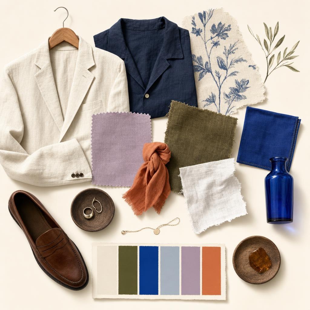 Summer formalwear and accessories in ivory, navy, cobalt, olive, lilac, and terracotta